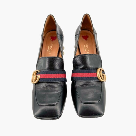 Gucci Peyton GG Pearl Loafer Pumps EU 37.5 US 7.5 Black Leather Block Heel Logo - Picture 2 of 13